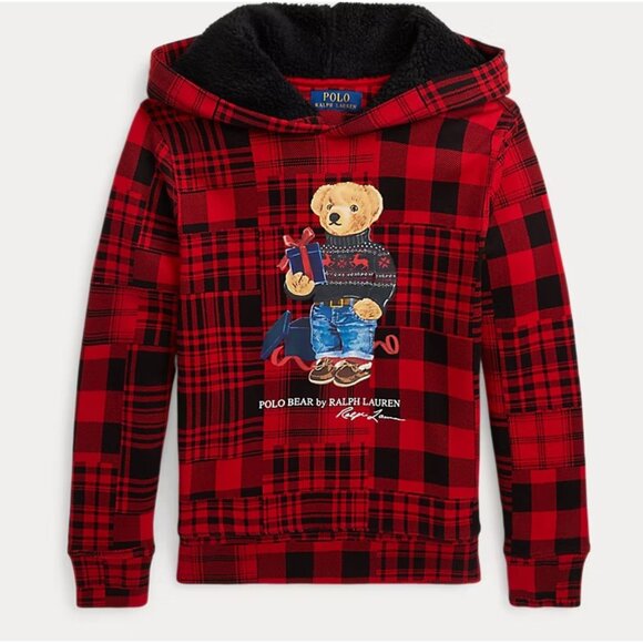 NEW Polo Bear Plaid Fleece Hoodie Unisex NWT - Size M (10-12) - Picture 1 of 8